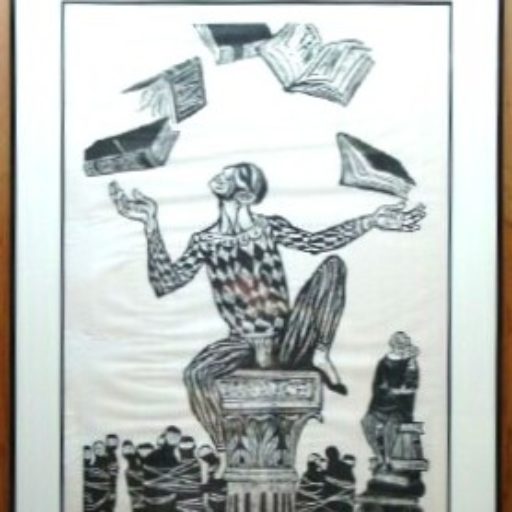 Person juggling books while sitting on pedestal.