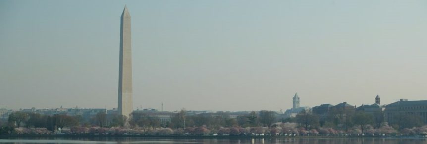 Washington Monument with cherry blossoms and water.